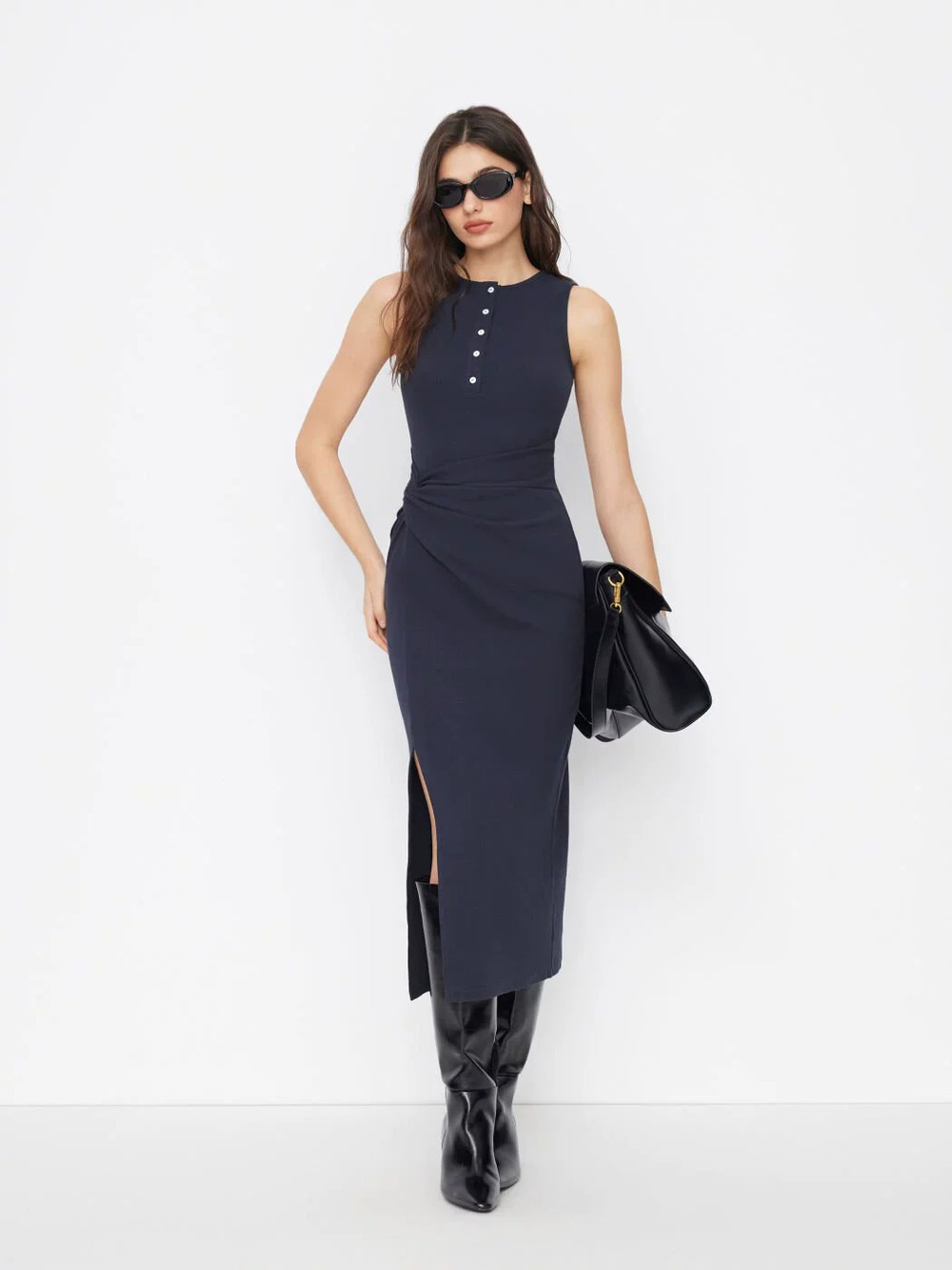 ZARA Design Side Twist Split Bodycon Round Neck Sleeveless Button Knit Dress